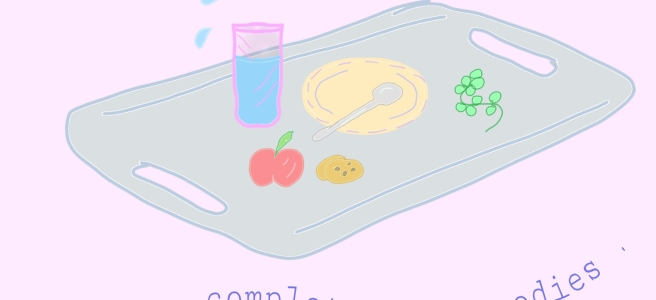 Doodle of a tray with a glass, plate and some food items